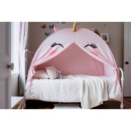 Large Unicorn Shaped Kids Tent with Star Lights, Fit Twin Bed for Toddlers, Indoor Tent for Kids with Tablet & Bottle Holder, Mesh Window, Machine Washable - Cozy Indoor Play & Sleep Space