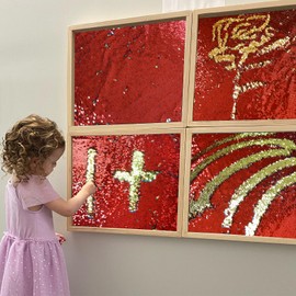 VOK Sequin Flip Fabric by The Yard, Reversible Glitter Fabric for Graffiti, Bridal Dress, Wedding Decorations, Sewing, DIY Handmade (0.5 yd, Red + Gold)