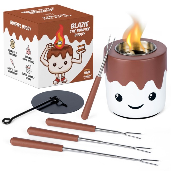 The S'mores Company - Smores Tabletop Fire Pit & 4 Extendable Roasting Sticks - Indoor Table Top Firepit, Concrete Portable Mini Fire Pit Bowl Fireplace, Indoor Smores Maker, Smokeless Fire Pit