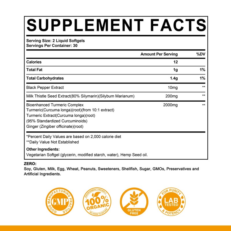 5 in 1 Turmeric Curcumin Softgels 2000mg with Milk Thistle