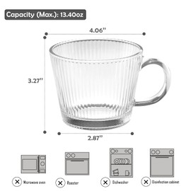 TkoYuHm 13oz Vintage Coffee Mugs 2 pack Striped Glass Tea Cups with Handle Stackable Clear Espresso Cup for Cappuccino Latte Beverages