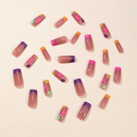 24Pcs Spring Summer Flower French Tips Press on Nails with Colorful Floral Designs Fake Nails Glossy Acrylic Nails Full Cover Artificial Nails Glue on Nails Ballerina False Nails for Women Nail Decor