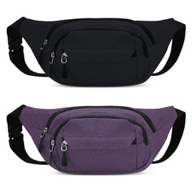 elook Bum Bag for Men Women, 2 Pack Bumbags for Ladies with 4 Zipper Pockets, Bumbag Waist Bag Adjustable Belt Running Bag Waterproof Waist Bag Fanny Pack for Outdoors, Sport, Hiking - Black + Purple