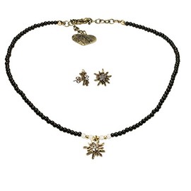 Alpenflüstern Costume Jewellery Set Filigree Pearl Costume Necklace and Costume Stud Earrings Rhinestone Edelweiss – Women's Costume Jewellery Antique Gold Colours Costume Set in Black and Cream White