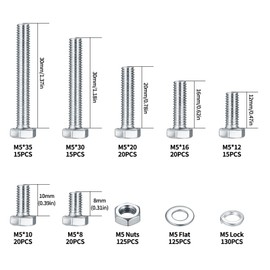 505 Pcs M5 Hex Bolts and Nuts Set, M5 Nuts and Bolts Set with Washers Set, Machine Bolts and Hex Nuts and Lock Washers and Flat Washers Assortment Kit, Fully Threaded Bolts Nuts Washers Set