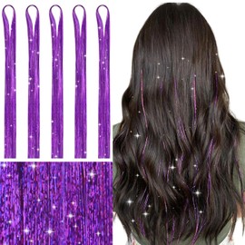 WENNALIFE Hair Tinsel for Girls, Purple Fairy Hair Tinsel Kit 1200 Strands 6PCS 48 Inch Heat Resistant Glitter Tinsel Hair Extensions Kit Christmas Hair Feathers Tinsel for Hair Sparkle Strands