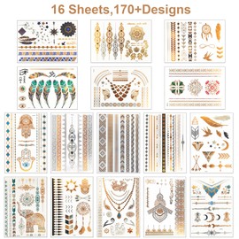 LUZOON Gold Tattoo Temporäre 16 Blätter 140+ Tattoos Metallic Flash Tattoos Wasserdichte Klebe Tattoo für Festival und Party Accessoire