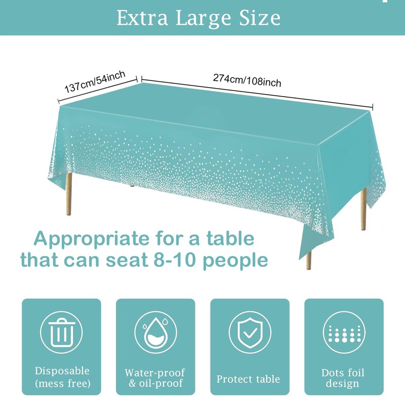 MORAINJAY 4Pcs Lake Blue and Silver Dot Party Tablecloth,137x274cm Rectangle