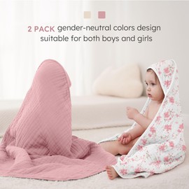 Looxii Baby Bath Towels 2 Pack Muslin Hooded Baby Towels for Newborn and Infants, 100% Cotton, Large 32x32Inch, Soft and Absorbent Pink+Flowers