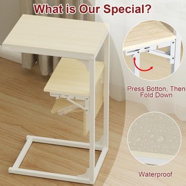 GOYLSER E Shaped Folding Tv Tray Table, Metal Corner Couch Tray Table Foldable Sofa End Table, Natural Wooden Fold Down Snack Side Table for Couch, Sofa, Bed, Chair, Living Room