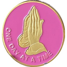 Praying Hands Coin One Day at A Time Pink Color Serenity Prayer Medallion