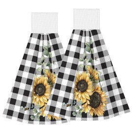 PDDCWAY 2 Pieces Black White Buffalo Plaid Hanging Kitchen Hand Towels,Sunflower Absorbent Soft Dish Towel with Loop Dish Cloth Tie Towels for Bathroom Kitchen Home Decor(Classic Style)