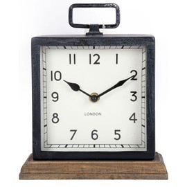 ARIATI Black Metal Handle Mentel Clock on Wood Base Distressed Square London Mantle Retro Vintage Style Mantel Clock - Traditional Classic Design