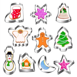 Christmas Cookie Cutter Set - Christmas Tree, Snowman, Snowflake, Gingerbread Man, House, Star, Moon, Bell, Boot, Angel - 10PCS Holiday Winter Cookie Molds - Cookie Cutters Christmas Shapes for Baking