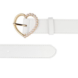 Elerevyo Stylish Women's Belt Heart-Shaped Buckle with Beads Belts Encrusted Buckle Solid Color Waistband for Dress One Size White