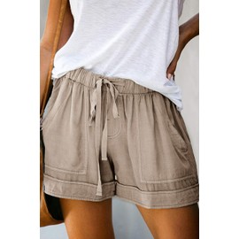 Mosucoirl Women Comfy Drawstring Casual Elastic Waist Pure Color Shorts Summer Beach Lightweight Short Pants with Pockets(Mocha,Large)