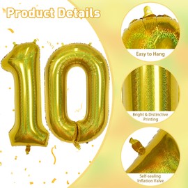 10th Birthday Balloons for Boys, Large Laser Gold Foil Number 10 Balloons, 40'' Self Inflating Helium Balloons Anniversary Party Decor Globos Dorados for Girls Kids Birthday Party Decorations Supplies