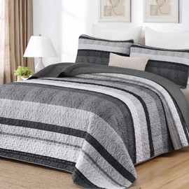 Dobuyly Grey Queen Quilt Set, Boho Bedspread Queen Size, Striped Bedding Sets 3 Pieces, Lightweight Soft Gray Black Coverlet Bed Sets with 2 Pillow Shams 96"x90"
