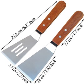 Set of 2 Spatula Scraper, Stainless Steel Spatula, Grill Spatula, BBQ Griddle Spatula, Frying Turner, Heat Resistant Non-Stick Cooking Spatula, Grill Scraper with Wooden Handle for Bakery, Flat Top,