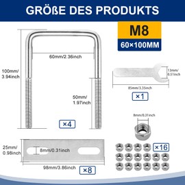U-bolt with thread M8 square U shackle 60 mm x 100 mm U-bolt 4 pieces with 16 nuts and 8 counter plate U screws U-bolts for towing cars ships repair (M8 60 x 100 mm)