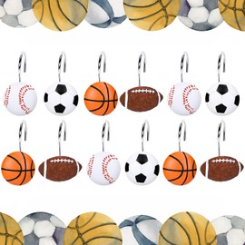 JarThenaAMCS 12Pcs Sports Ball Shower Curtain Hooks Football Basketball Baseball Soccer Curtain Rings Decorative Curtain Hanger Hooks for Living Room Bedroom Bathroom Decor, 4 Designs