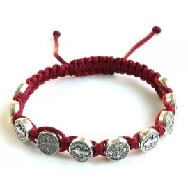 Saint Benedict Red Cord Rosary Bracelet with (10) Silver Tone Medallions