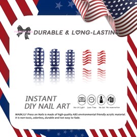 4th of July Press on Nails Short Square America Flag Fake Nails Full Cover Striped Stars False Nails with Designs Glossy Glue on Nails USA Acrylic Nails Handmade Acrylic Nails for Women Girls 24Pcs