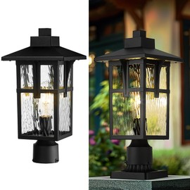 zeyu 16.7 Inch Outdoor Pole Light, Lamp Post Light Fixture for Garden Pathway, Die-Cast Aluminum with Water Ripple Glass, Black Finish, ZX1P-SW BK
