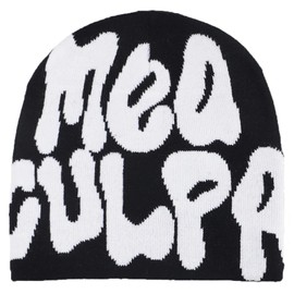 Y2k Beanie MEA Culpa Beanie Cute Acrylic Knitted Beanie Skull Cap Winter Warm Beanies Hats for Women Men Teenagers Black White