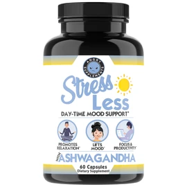 Angry Supplements Stress Less Day-Time Mood Support Pills – Natural Stress Relief with Ashwagandha, Rhodiola, L-Theanine, Magnesium & B Vitamins– Calm Focus & Mental Clarity – 60 Capsules (1-Bottle)
