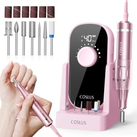 COSLUS Professional Electric Nail Drill：35000RPM, Portable Rechargeable Electric File with Bits & Base for Acrylic Nails Manicure Gel Polishing(Pink)