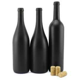 Cornucopia Brands Black Wine Bottles w/Corks (Set of 3); Black Matte Coated Glass Wine Bottles Various Sizes for Decor and Homemade Wine