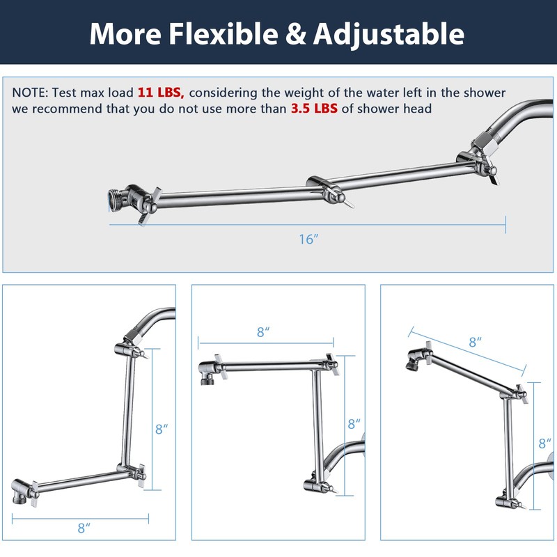 PDPBath Shower Extension Arm, 16" Upgrade Solid Brass Shower Head