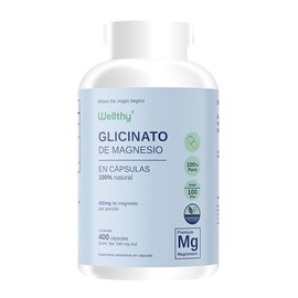 Wellthy Glicinato de Magnesio 400 Cápsulas 432mg. 100 Natural, 100 Puro, Alta Absorción, Cápsulas Veganas.                                            