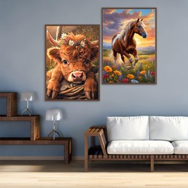 Meothan 2 Pack Highland Cow Diamond Painting Kits for Adults,5D DIY Horse Diamond Art Kits for Adults Full Drill Round Paint Diamond Gems Art for Home Wall Decor Inch12x16 Animal