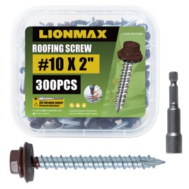 LIONMAX Metal Roofing Screws #10 × 2 Inch, 300-PCS, Brown Painted Hex Head Sheet Metal Roof Screws, Rubber Washer, Sharp Point, Metal to Wood Siding Screws, Hex Socket Included