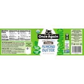 Once Again 2 Pack Organic Creamy Almond Butter, 16oz - Roasted - Salt Free, Unsweetened - USDA Organic, Gluten Free Certified, Peanut Free, Vegan, Kosher, Paleo - Glass Jar