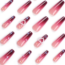 Press on Nails Long Fake Nails with Love Heart Pearl Designs Burgundy Gradient Acrylic Nails Press ons Glossy Glue on Nails Full Cover Stick on Nails for Women Girls 24 Pcs