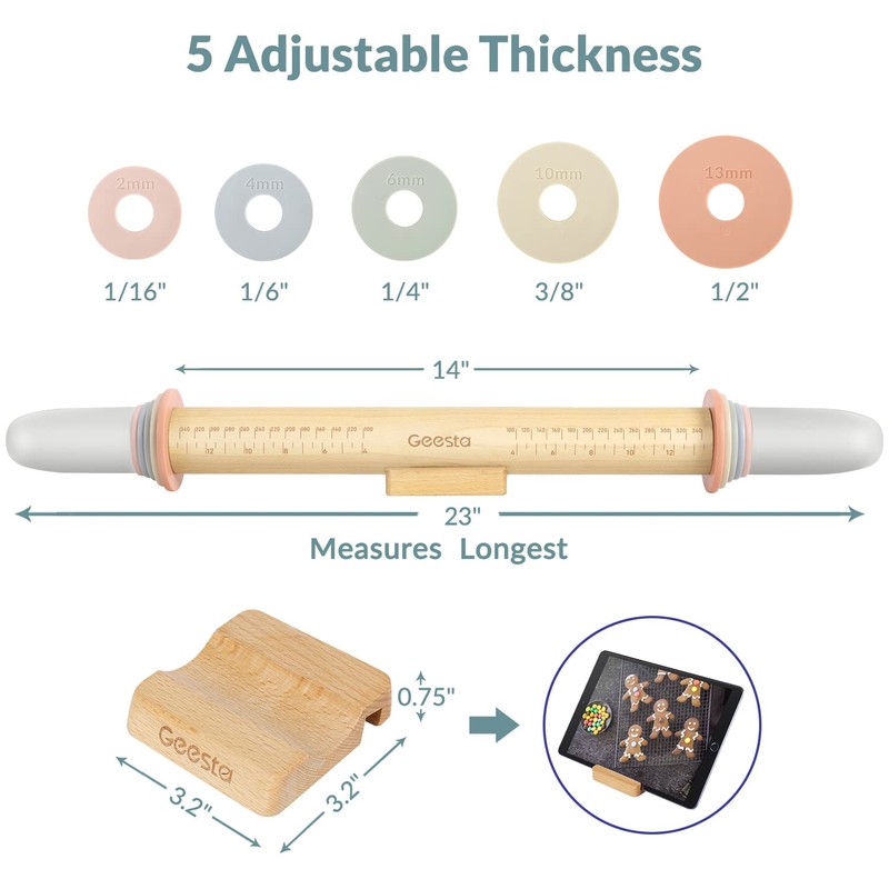 Geesta Adjustable Wood Rolling Pin with 5 Thickness Rings, Precise