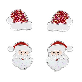 FIVE-D 2 Pairs of Earrings Christmas Santa Hat and Christmas Tree 925 Sterling Silver in Jewellery Case, Sterling Silver