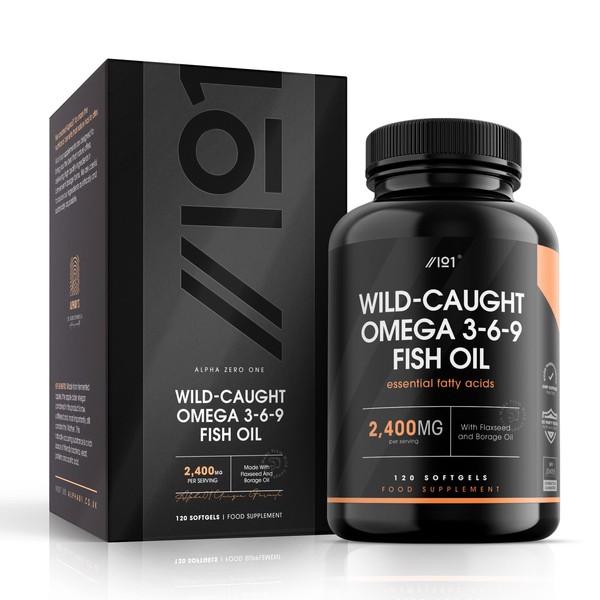 Omega 3-6-9 Fish Oil 2400mg - Wild-Caught - with Flax Oil & Borage Oil - 120 Softgels - No Additives — Non-GMO, Gluten Free, Halal