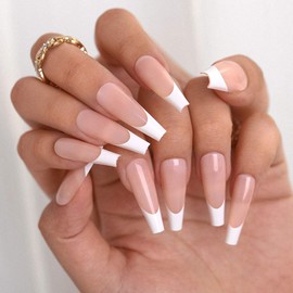 Sethexy French Glossy False Nail Long Coffin Fake Nails Pink Ballerina Nails with Glue 24Pcs Acrylic Art Press on Nail Tips for Women and Girls (C)