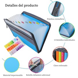 BEAUTY CHOICE Carpeta Organizadora de Documentos,Folder Expandible con Etiquetas Adhesivas, Archivero Acordeon con 13 Bolsillos Plastico, Organizador de Archivos Portatil para Factura, Recibos(Azul)