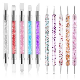 10PCS Nail Art Gel Carving Pen Acrylic Nail Dotting Pen Rhinestone Handle Double-Ended Silicone Nail Art Pen Brushes for Design Nail Foil Carving Drawing 3D Effect Shaping Drawing Dotting Tool