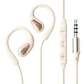 Open-Ear Earphones, Wired with Mic, 0.14 inch (3.5 mm) Headphones, Earpiece, Non-Blocking, Open Type, Earphone Mic, Supports Incoming Calls, Volume Control, For Those with Posture Diseases, Sports, Desk Work, Outdoors, Beige