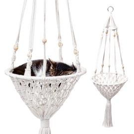 Bella & Balu Cat Hammock - White Bohemian Style Macrame Cotton Cat Bed - Decorative, Space-Saving Cat Swing for Wall and Ceiling - Safe and Comfortable Rest Zone - 30 x 30 x 100 cm
