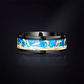 Dolphin Ocean Waves Wedding Band for Women by Ginger Lyne | Tropical Themed Wedding Ring for Men 8mm Stainless Steel Comfort Fit Band | Blue Inlay Ocean Beach Lovers Rings for Couples