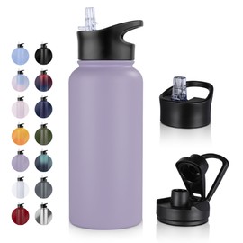 UMBFUN Stainless Steel Drinking Bottle – 1 Litre – with Straw, Leak-Proof, Suitable for Carbonated Drinks, BPA-Free Thermos Bottle (+ 2 Lids) Vacuum Double Wall Insulation for Sports, Travel, Camping,