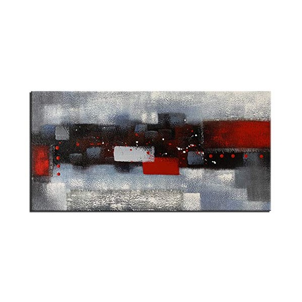 Large Abstract Red Gray Linen Wall Art Hand Painted Textured