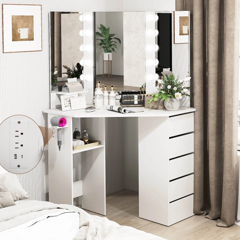 Costway Corner Vanity Desk Cosmetic Vanity Station w/ LED Mirror